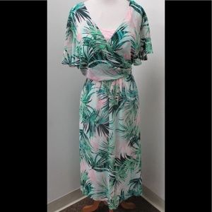 Lane Bryant midi dress, wrap front, green, pink and white has a slip/liner pink.